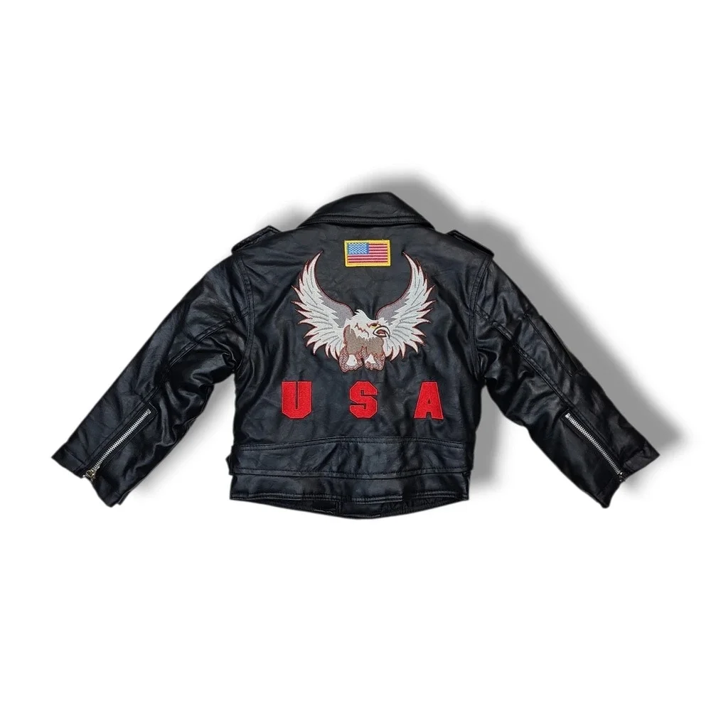 Outdoor Habitat Black Faux Leather Biker Jacket Embroidered USA Eagle Size 2T‎